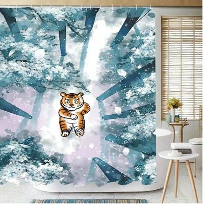 Cortina de Chuveiro de Banheiro Tigre Desenho Animado Tecido Poliéster Impermeável Arte Moderna Cortinas de Banho