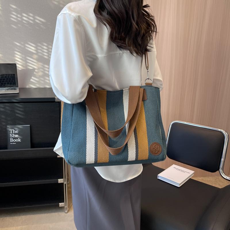 Big Bag Women's Bag 2025 New Fashion Contrasting Color Striped Canvas Commuter Tote Bag Trendy Underarm Shoulder Bag