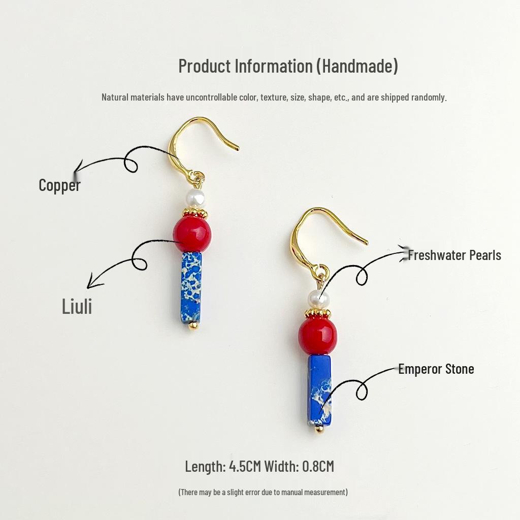 Boucles d'oreilles faites main rouge et bleu en pierres et perles - Style ethnique rétro