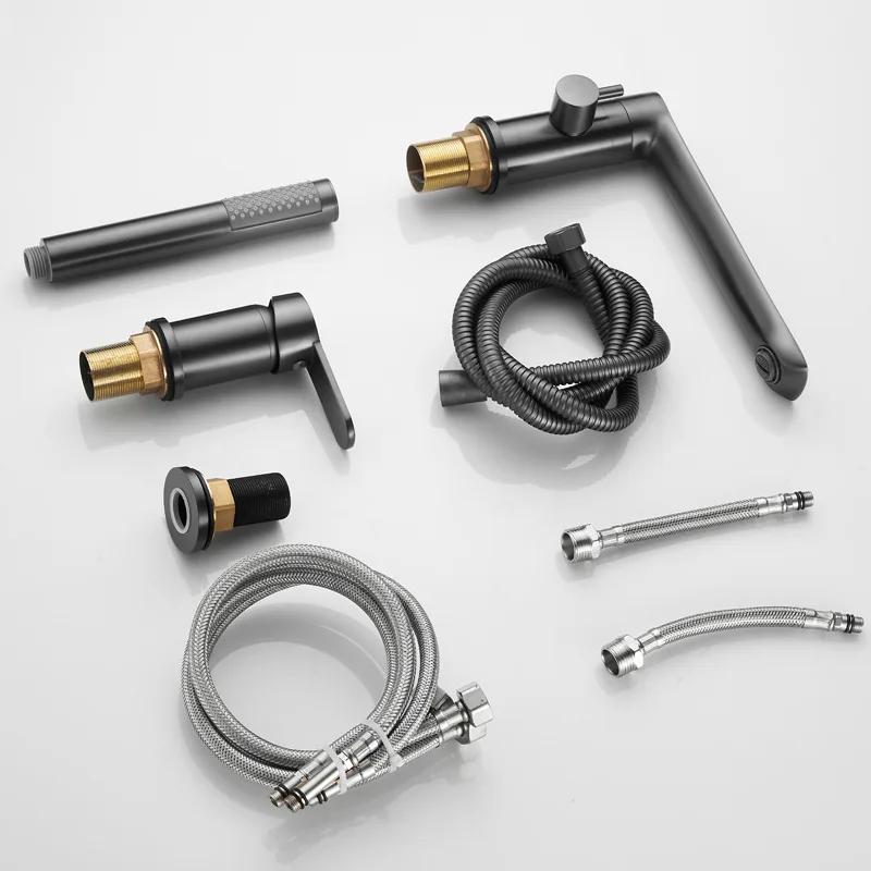 Brushed Gold Bathroom Widespread Basin Faucets Soild Brass Sink Mixer Hot & Cold Lavatory Crane Vessel 3 Holes With Spray Black