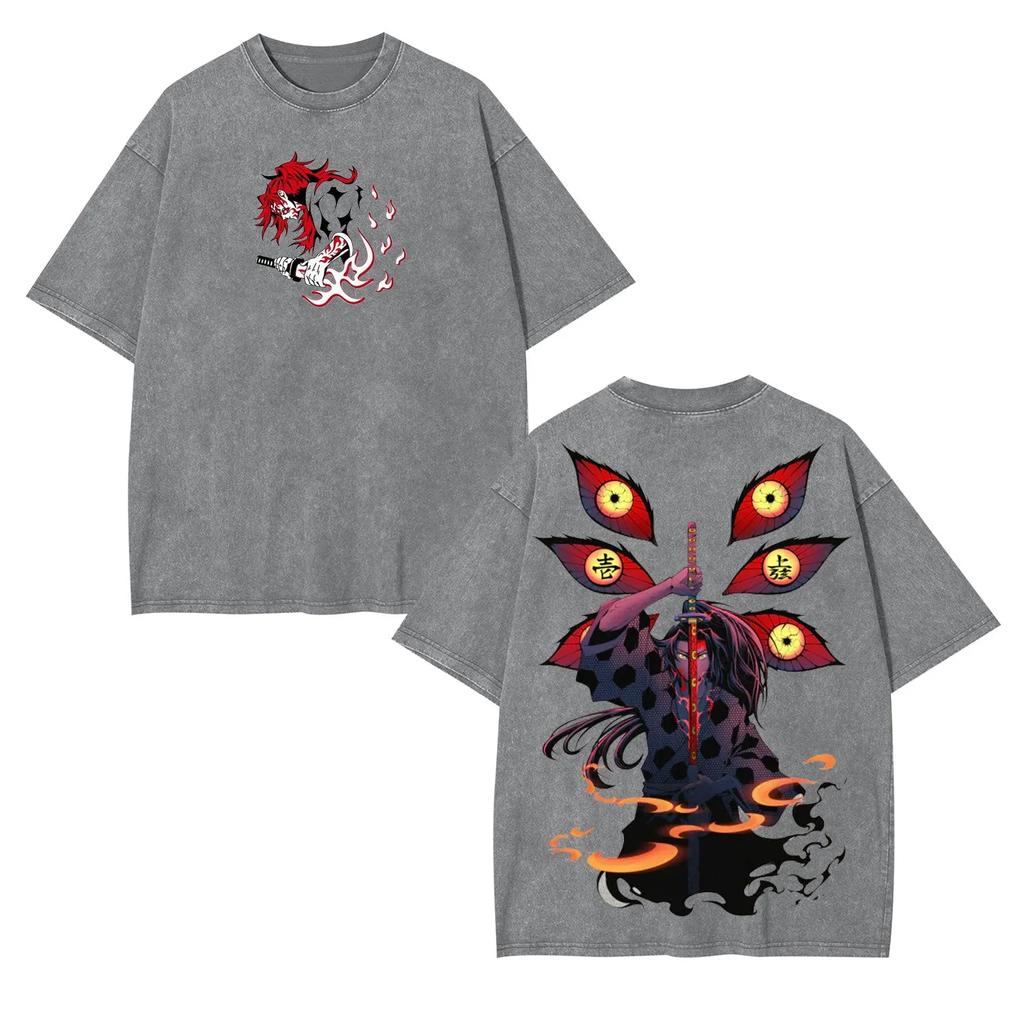Anime Demon Slayer Graphic T-shirt Kokushibo Washed Oversized T Shirt Men Women Clothing Soft Cotton T-shirt S