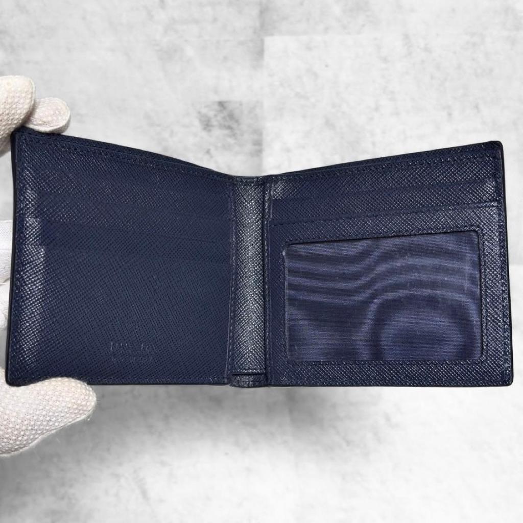 Used Excellent Condition Prada Bi-color Saffiano Leather Bifold Wallet, Blue X Navy