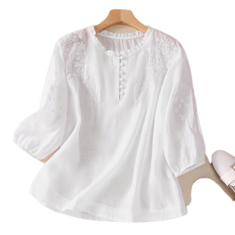 2025 Summer Artistic V-Neck Embroidered Floral Women's Shirt with Five-Point Sleeves