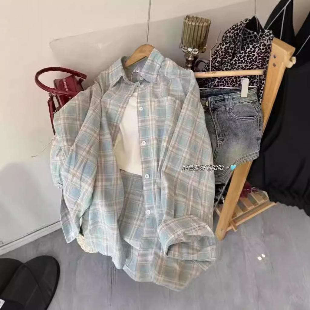 Women's Long Sleeve Plaid Shirt Polo Neck Japanese Casual Loose Fit Blouse Summer Patchwork Collision Color Sun Protection Outerwear