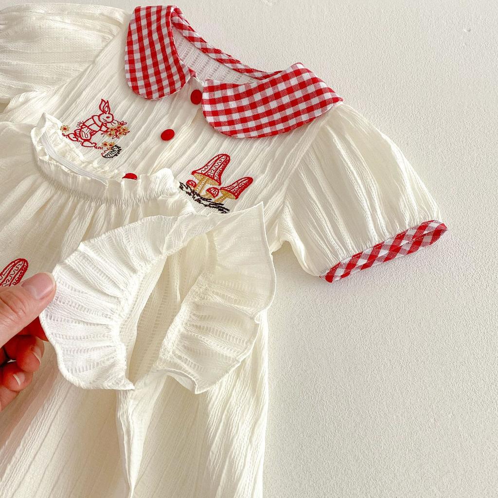 Baby Girls Summer Dress Plaid Bunny Embroidery Doll Collar Cute Toddler Dress