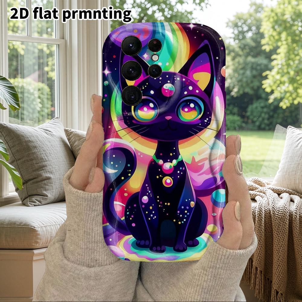 Phone Case: 2D Flat Samsung Galaxy A34 A35 M05 M06 S20 S22 S21 FE Plus 5G Protective Case, Couples Style, Neon Black Cat, Christmas and Halloween Gift