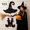 Hanging Wall Decor Halloween Witch Hat Boot Sign, Trick or Treat Decoration Reusable Sign for Home Room, Wooden Front Door Hanger Holiday Party,