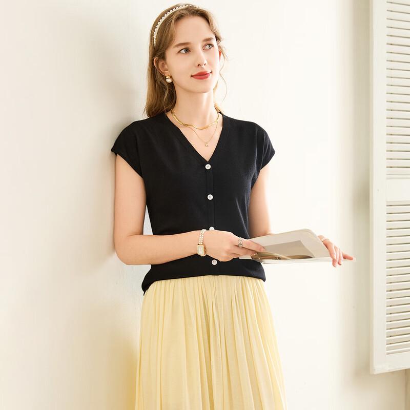 Tuhuang Women's Faux V-Neck Short Sleeve Wool Blend Knit Top