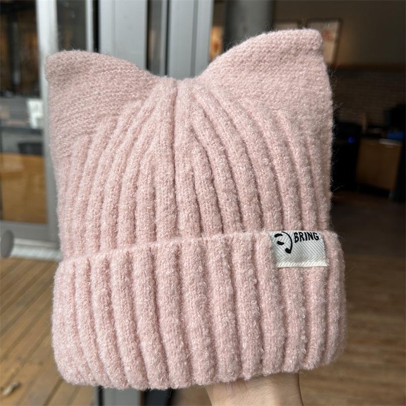 Cat Ears Wool Hat Women's Autumn and Winter Warm Cute Knitted Hat Casual Versatile Soft Girl Cold Hat
