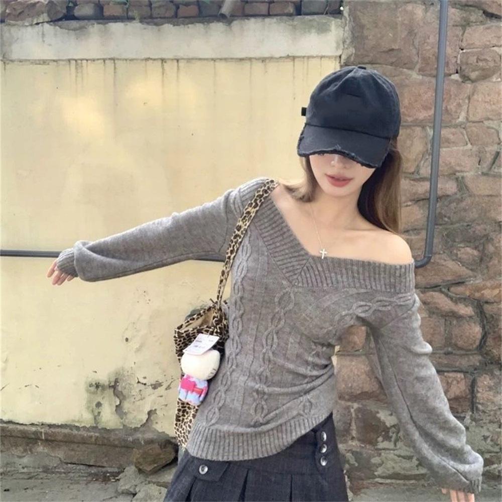 2KWEIRD Fashion Vintage V-neck Knitted Tops Women Early Autumn New Sweaters Pullover Slim Long Sleeve Pullovers Sexy Gray Sweaters