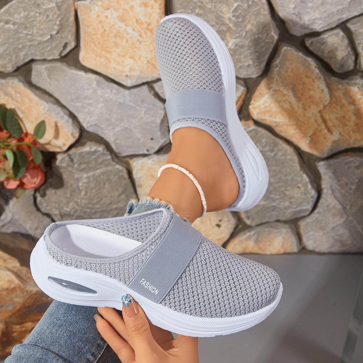 

2026 spring new mesh women s shoes breathable fly-woven single shoes half-drag casual shoes flat heel one-pedal comfortable women s shoes 41 світло-сірого кольору