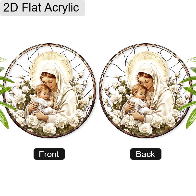 Acrylic Virgin Mary and Baby Jesus with Roses Suncatcher, Stained Glass Effect Window Hanging Ornament for Religious & Faith Lover Gifts