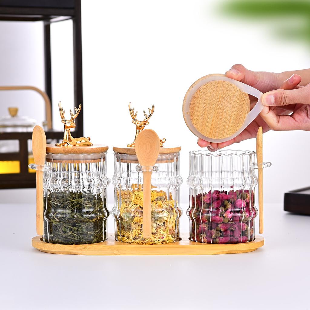 High Borosilicate Glass Storage Jar with Lids Spoons Tray Tea Coffee Beans Jars Leakproof Food Sealed Containers for Kitchen