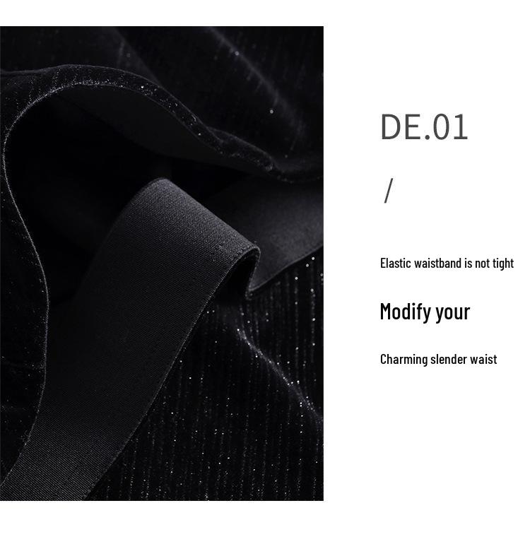 Black High-Waisted A-line Velvet Skirt - Elegant Mid-Length Design for Spring & Autumn