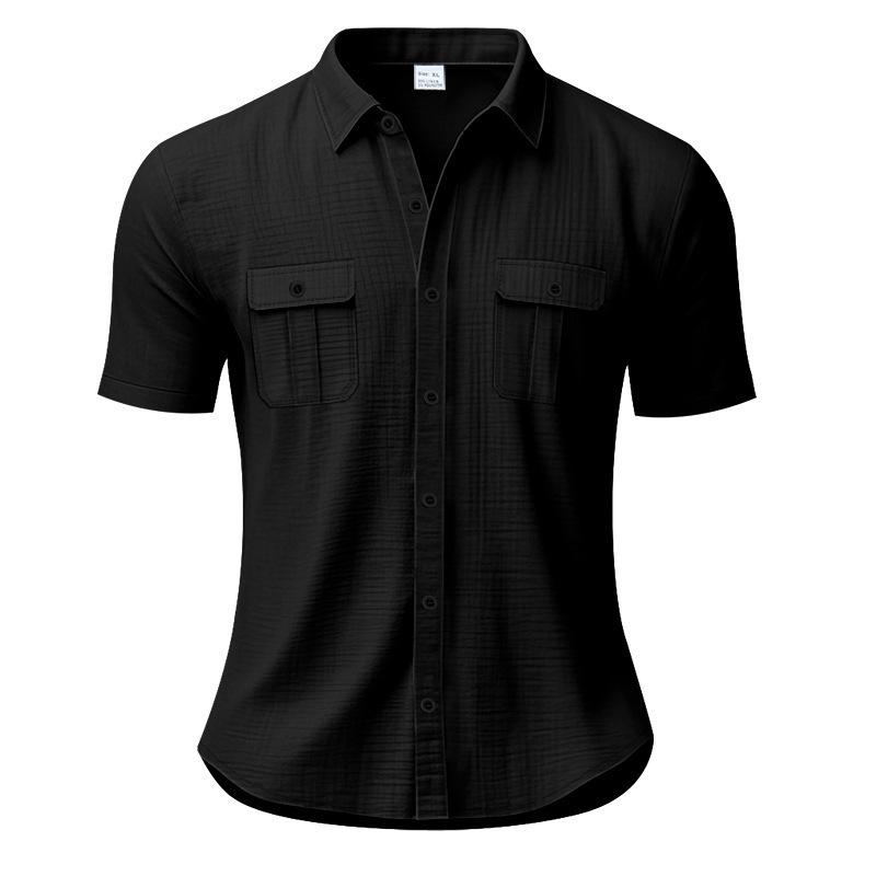 Summer men's short-sleeved shirt Solid-colour patch-pocket cardigan Loose-fitting lapel linen shirt
