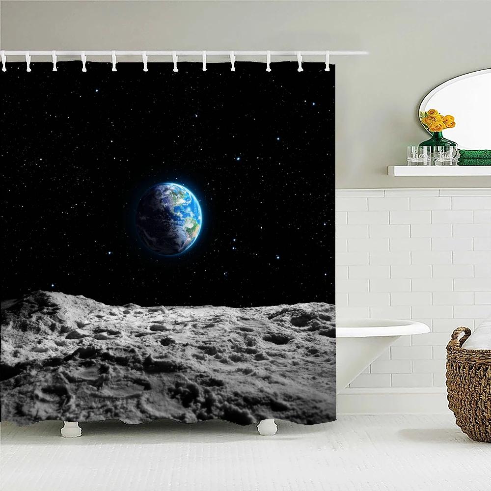 Earth Moon Starry Sky Scenery Printing Shower Curtains Bathroom Curtain Waterproof Fabric With Hooks Home Decoration Bath Screen