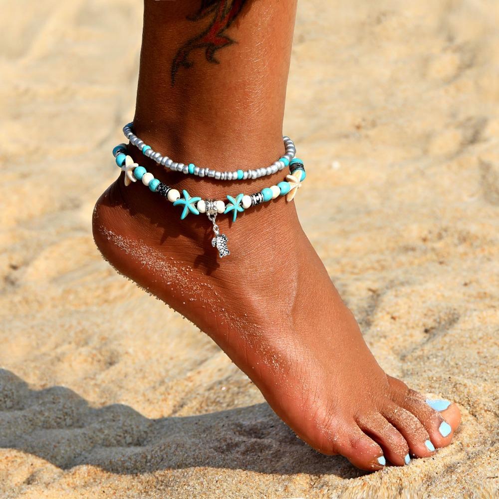 Bohemian Beach Turquoise Turtle Shell Starfish Anklet for Ladies