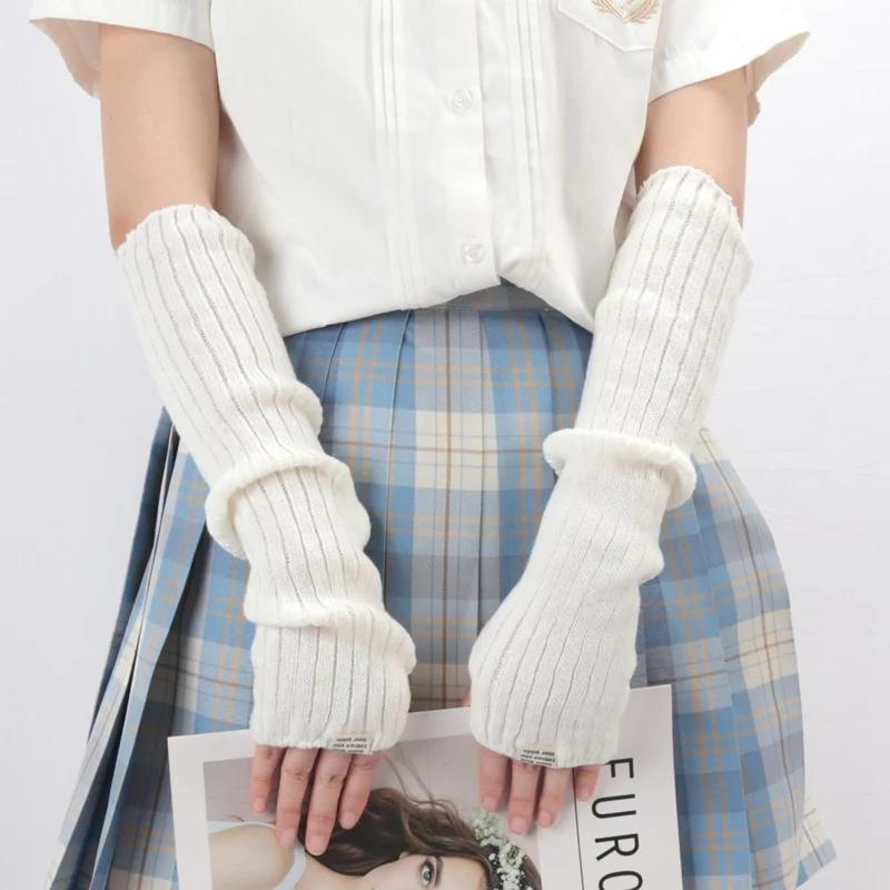 Women Fashion Fingerless Mittens White Black Cosplay Anime Gloves Winter Arm Warmers Gothic Harajuku Knit Mitten Arm Sleeves