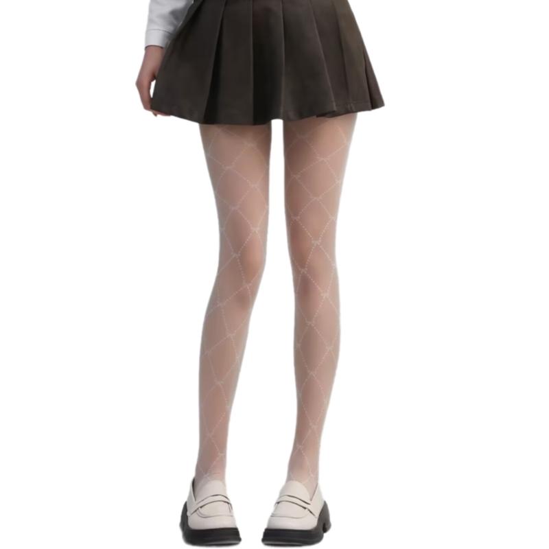 Women's Elegant Japanese Style Sheer Silk Pantyhose Stockings Aesthetic Argyle Bowknot Pattern Tights Summer Leggings