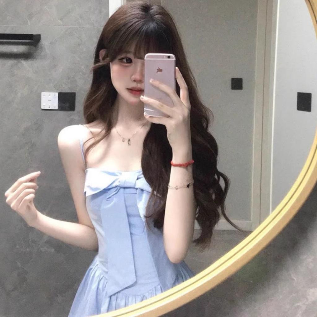 First Love Pure Chic Beautiful Atmosphere Skirt Pure Desire Wind Bow Suspender Dress Temperament Waist Long Dress