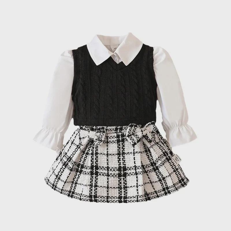 Autumn/Winter 2024 Cross-Border Children's Skirt Set: Baby Girls' Black & White 3-Piece Outfit
