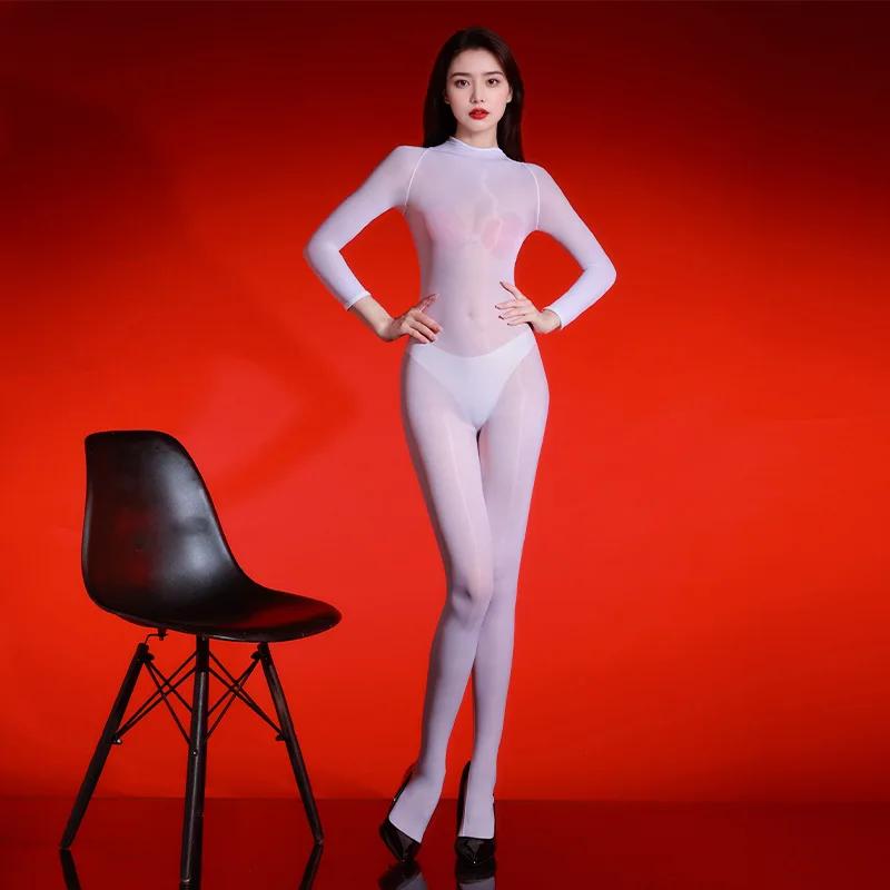 Women'S 5D Ultra-Thin Sexy Glossy Shiny Seamless Bodysuit Open Crotch Jumpsuit See Through Silky Leotard Body Stockings Tights