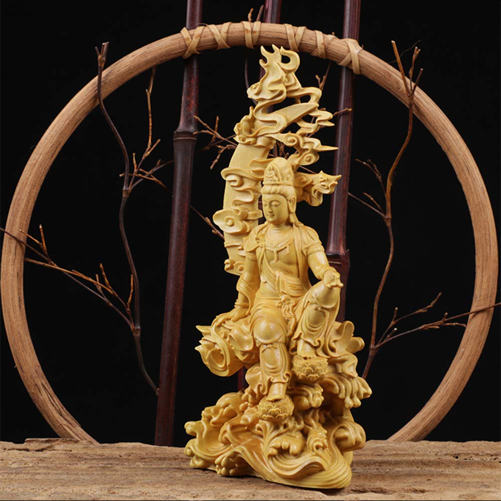 Hanro Art Sculpture Statue de Bouddha Statue Kannon Statue d'autel bouddhiste Statue Suigetsu Kannon Sculpture sur bois Ornement Feng Shui Bonne Chance Buis de haute qualité