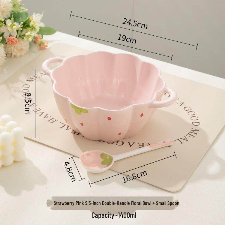 Cute Double-Handled Ceramic Bowl & Plate Set - Ideal for Instant Noodles, Soup, & More with Spoon & Chopsticks
