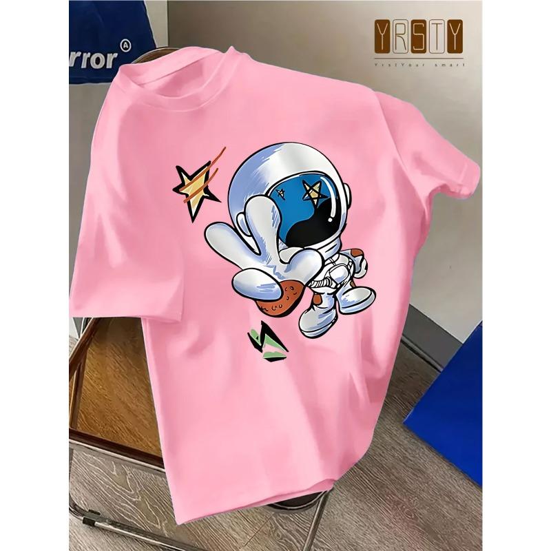 European sizes Round Neck Cartoon Astronaut Print Short Sleeve T-Shirt, Fashion Casual Loose Style Summer New Arrival