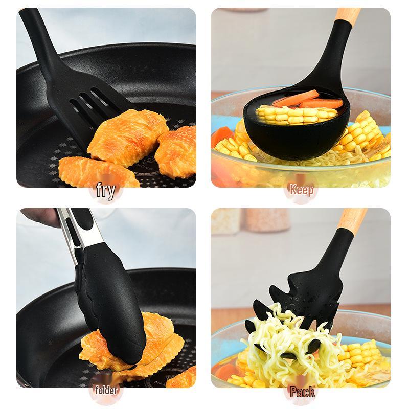 12-Piece Silicone Kitchen Utensil Set with Wooden Handles and Storage Container