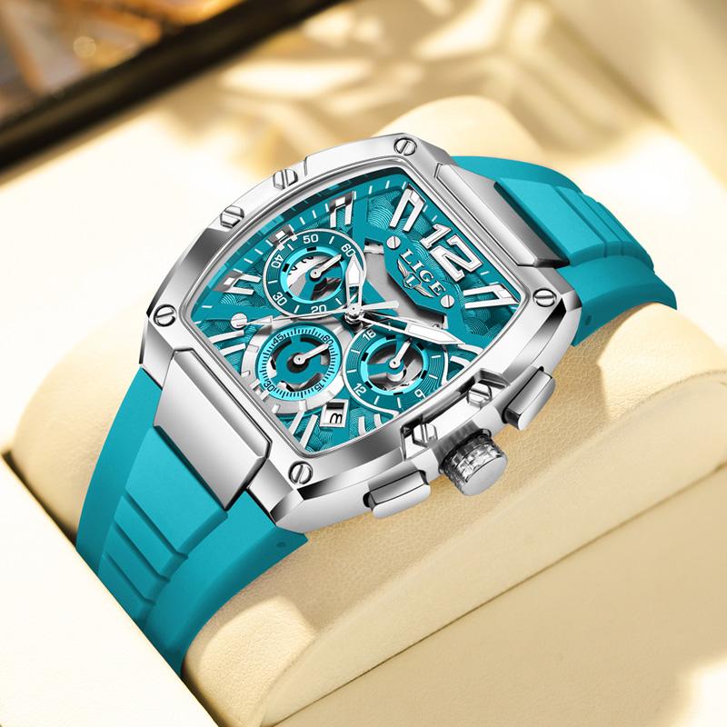 LIGE Nuovo Orologio da Uomo Cronografo Quarzo Quadrante Tonneau Dorato Sportivo Orologio Casual Moda Cinturino in Silicone Orologio da Uomo+Scatola