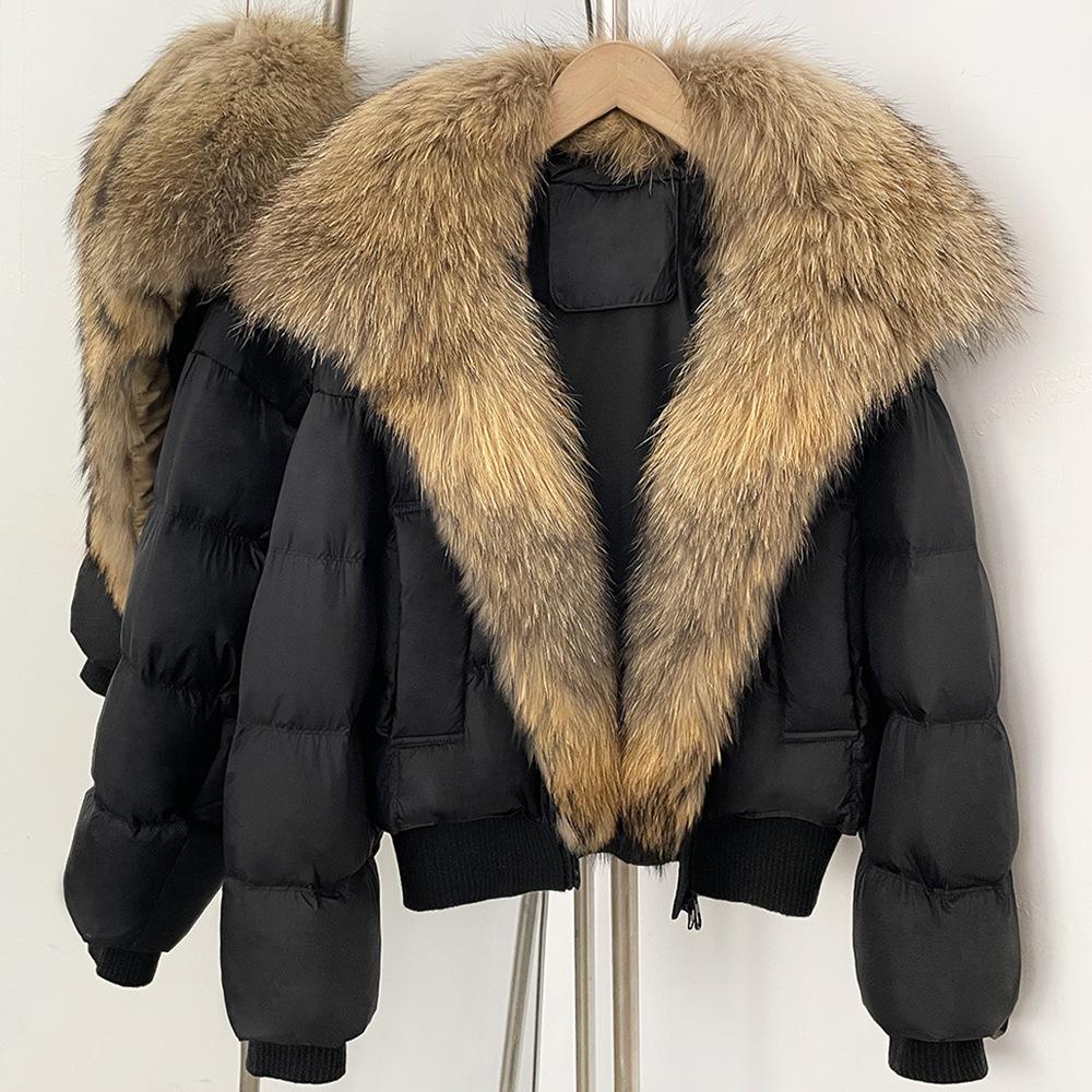 Pinghu duck down warm down jacket women's removable natural real fox fur collar jacket daily versatile top