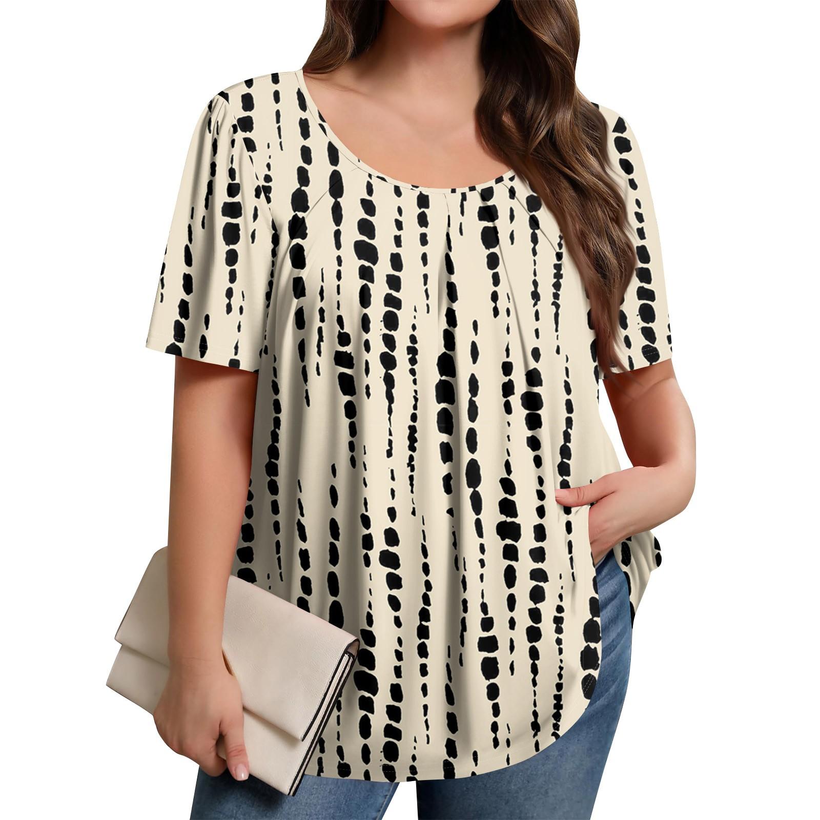 Plus Size Women s Casual Round Neck Pleated Short Sleeve Color Top XXXXL бежевый