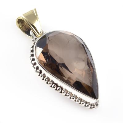 Natural Smoky Quartz Gemstone 925 Sterling Silver Gift Two Tone Pendant 2'' L4f31