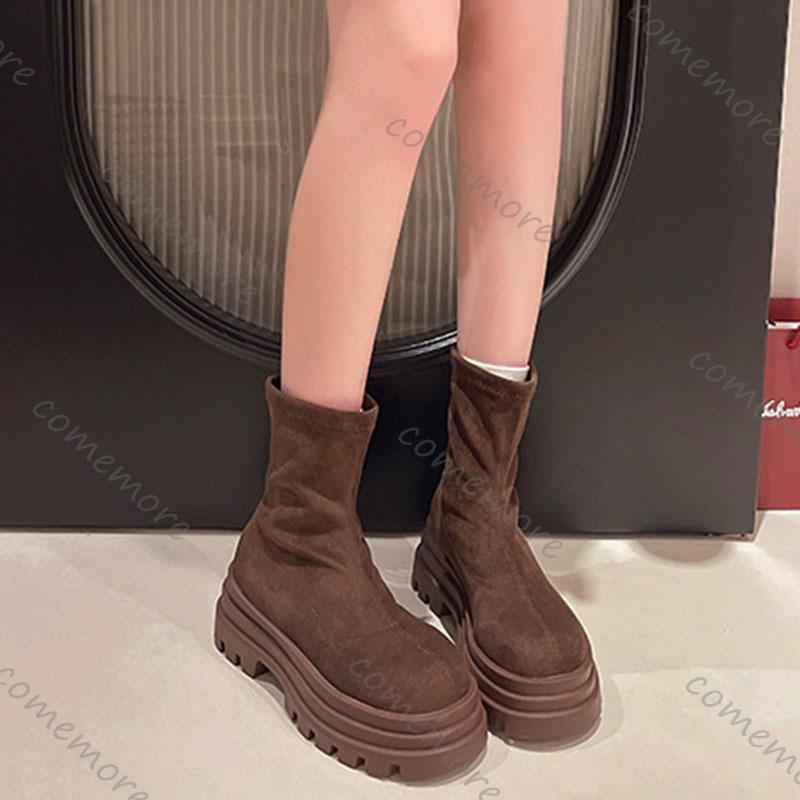 Comemore Thick Bottom Short Boots Women Autumn Winter Shoes Vintage Platform Slip On Suede Solid Ankle Boots for Women