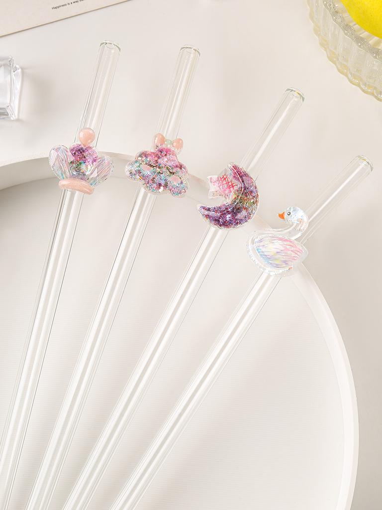 1/5pcs Reusable Handmade Glass Straws, Dream Swan/moon/cloud Glitter Decorations, Cold Drinks/pearl Tea/coffee/juice/Smoothie