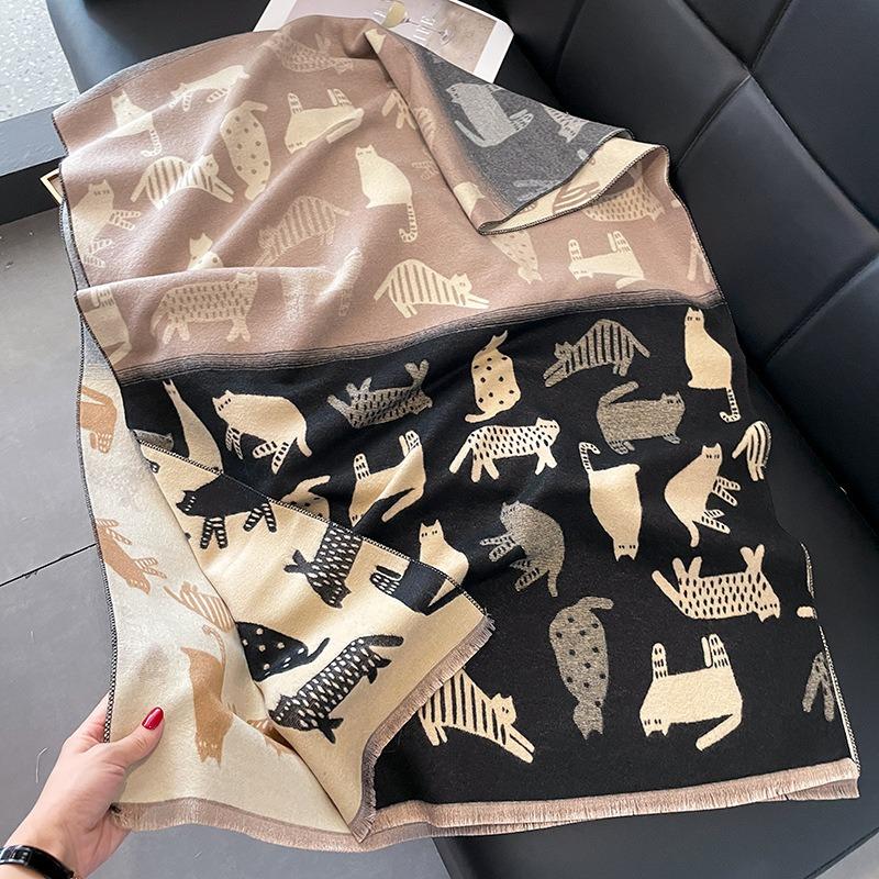 Scarf female retro autumn and winter versatile color matching cartoon cat long thickened warm imitation cashmere shawl