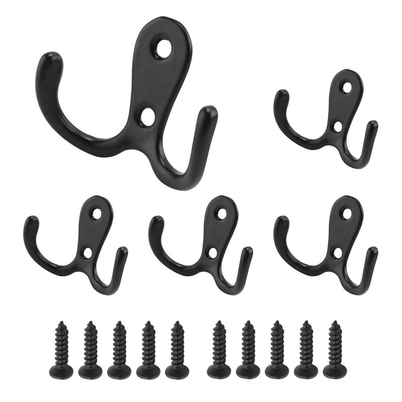 

AD23-Double Prong Robe Hook With Screws, Dual Coat Hooks Wall Mounted Hanging Clothes For Bathroom Bedroom Door Wall чёрный