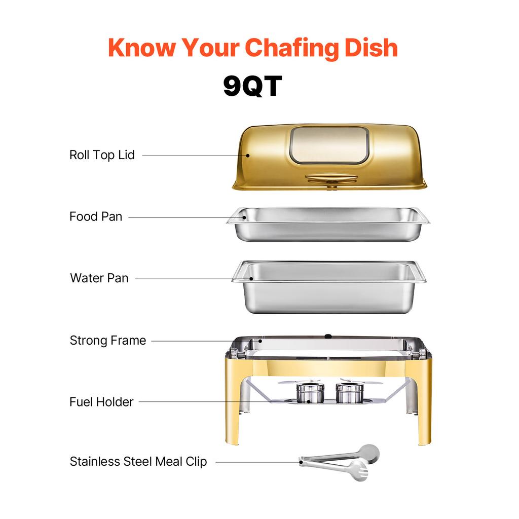 SucceBuy 9Qt Roll Top Chafing Dish Buffet Stainless Steel Chafer with Full Size Pan Visible Lid Rectangle Catering Warmer Server