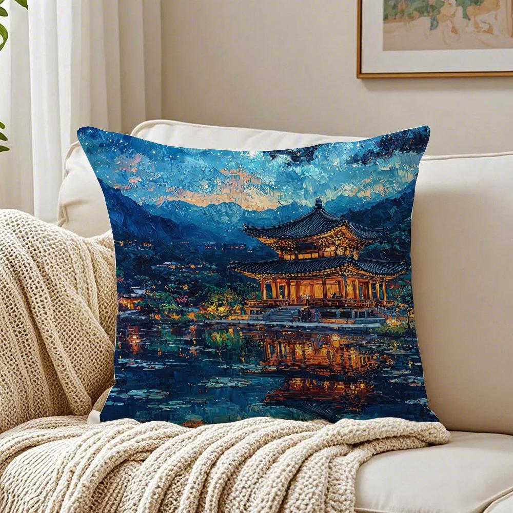 Culture Style Buddhist Temple Cushion Cover Pillowcase Antidustmite Living Room Sofa Decor Cushion Room