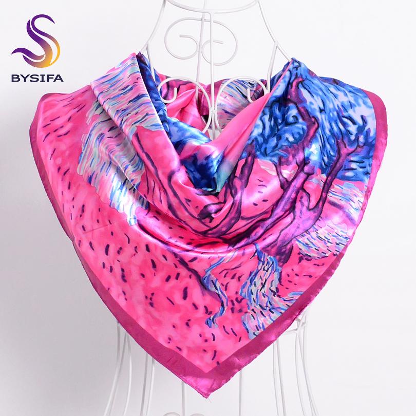 [BYSIFA] Dark Pink Silk Scarf Shawl New Sunrise Design Square Scarves Fashion Head Scarf 90*90cm Spring Ladies Satin Scarf Saly