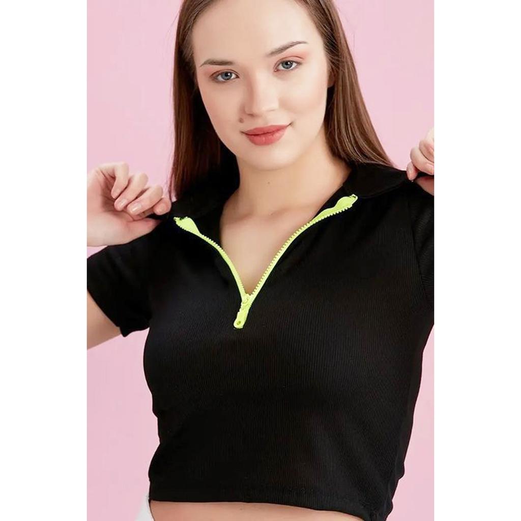 Polo Collar Neon Zipper Camisole Blouse