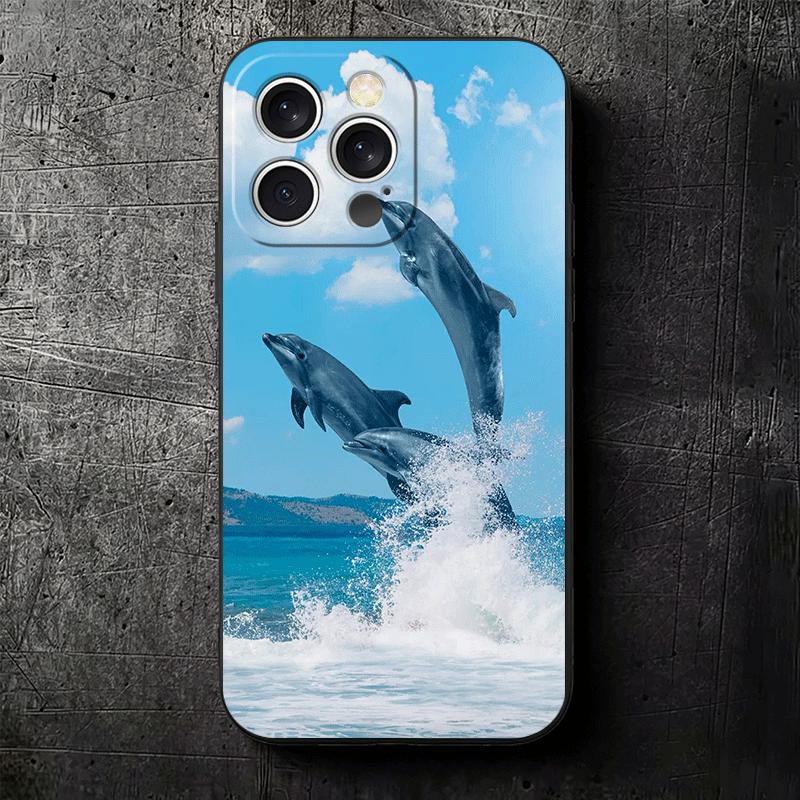 Ocean Cute Dolphin Soft Phone Case for iPhone 16 16E 17 Air 15 Pro Max 14 Plus 13 Mini 11 12 7 Black Cover Back Shell
