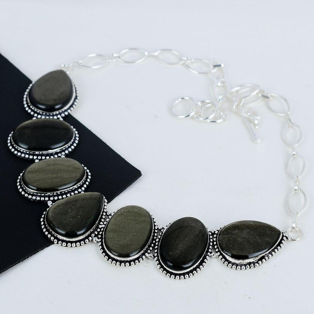 Golden Obsidian Gemstone Handmade 925 Sterling Silver Necklace, Golden Obsidian Silver Necklace For Wife, Unisex Necklace, Birthday Gift