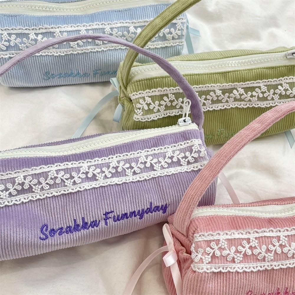 Corduroy Cloth Handheld Stationery Bag Lace Bow Pencil Pouch  Stationery Holder