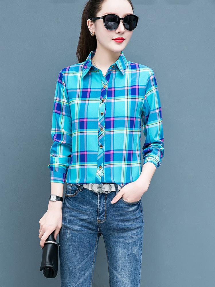 Geruit Overhemd Dames Honderd Dames Tops Los Retro Hong Kong Smaak Lange Mouw Overhemd