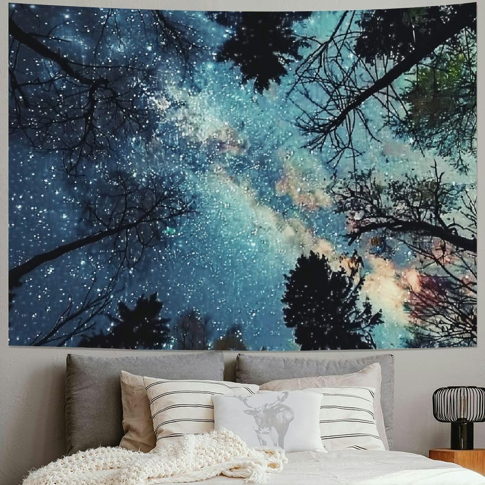 Galaxy Forest Starry Tapestry Bohemian Wall Hanging Decor with Vibrant Milky Way & Tree Silhouette Design Perfect for Bedroom