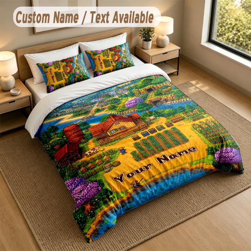 3Pcs Bedding Set Custom Name Text, 1 Sheet 2 Pillowcases Home Bed DecorStardew Valley