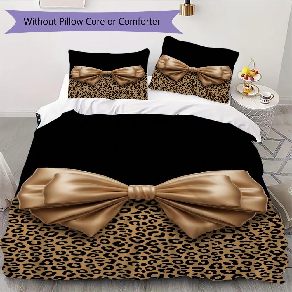 Leopard Print Bow Pattern Bedding uilt Set uilt Cover Pillowcase Home Decoration Birthday Gift (1 * duvet cover + 2 * pillowcase without core)91