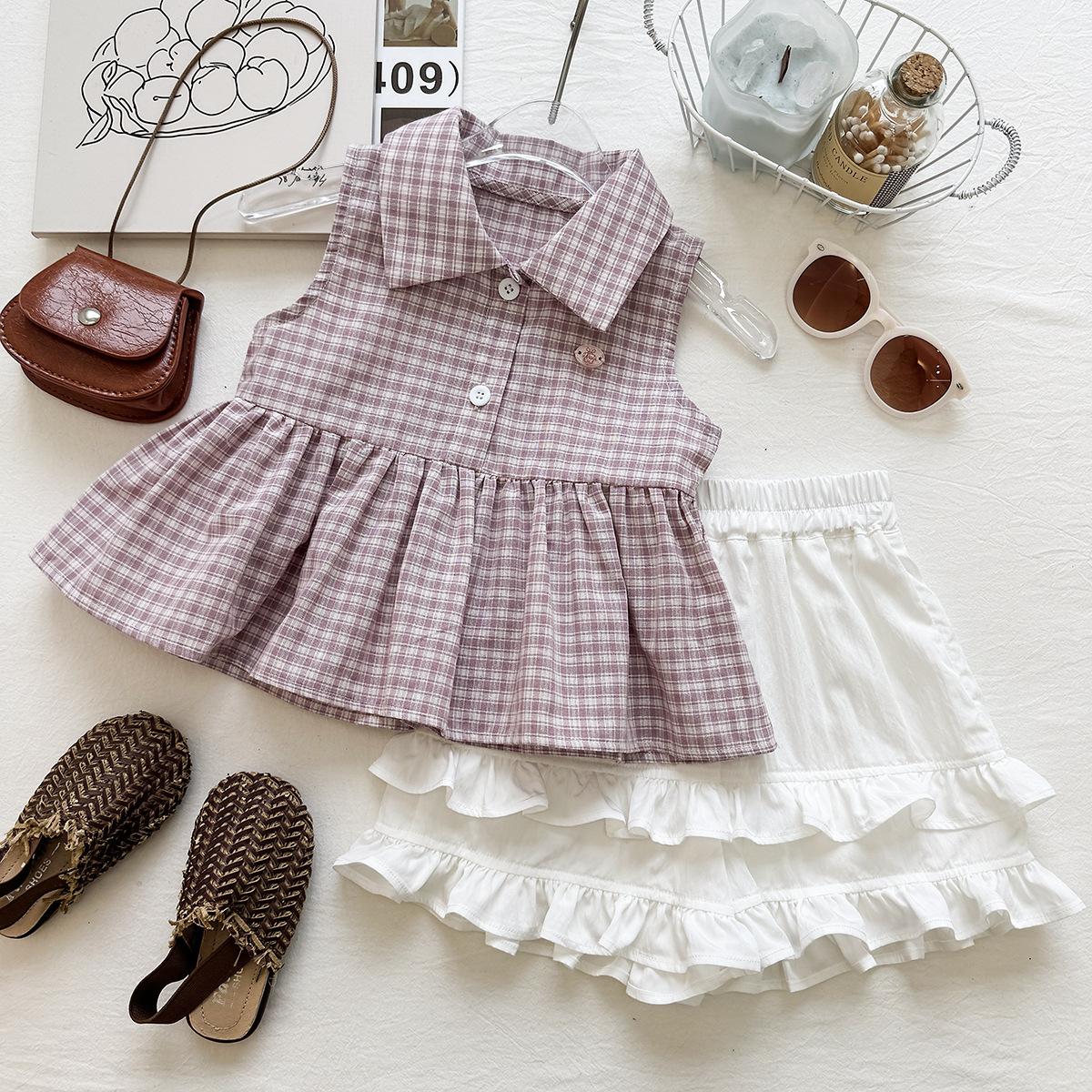 Girls Summer Preppy Plaid Vest Top And Ruffled Shorts Two Piece Set Casual Cute Outfit For Kids 90cm